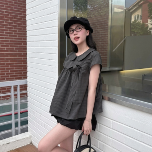 Áo babydoll kẻ caro cổ sen cài nơ