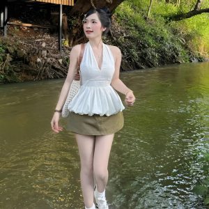 Áo yếm cột nơ dang bí phồng